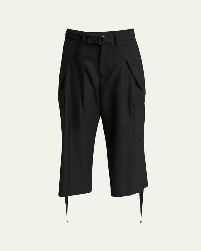 Belted Cropped Drawcord Wool-Blend Trousers